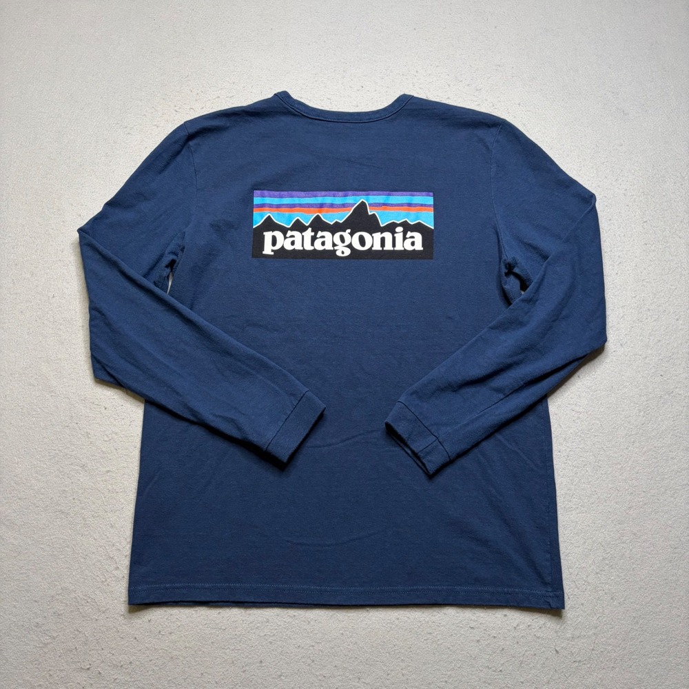Patagonia Long Sleeve Shirt Mens L Navy Responsibili-Tee P-6 Logo Graphic Tee